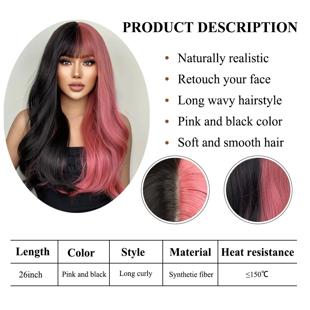 Pink and Black Long Wavy Synthetic Hair Wigs with Bangs Cosplay Christmas Halloween Hair Two Tone Wig For Women Heat Resistant