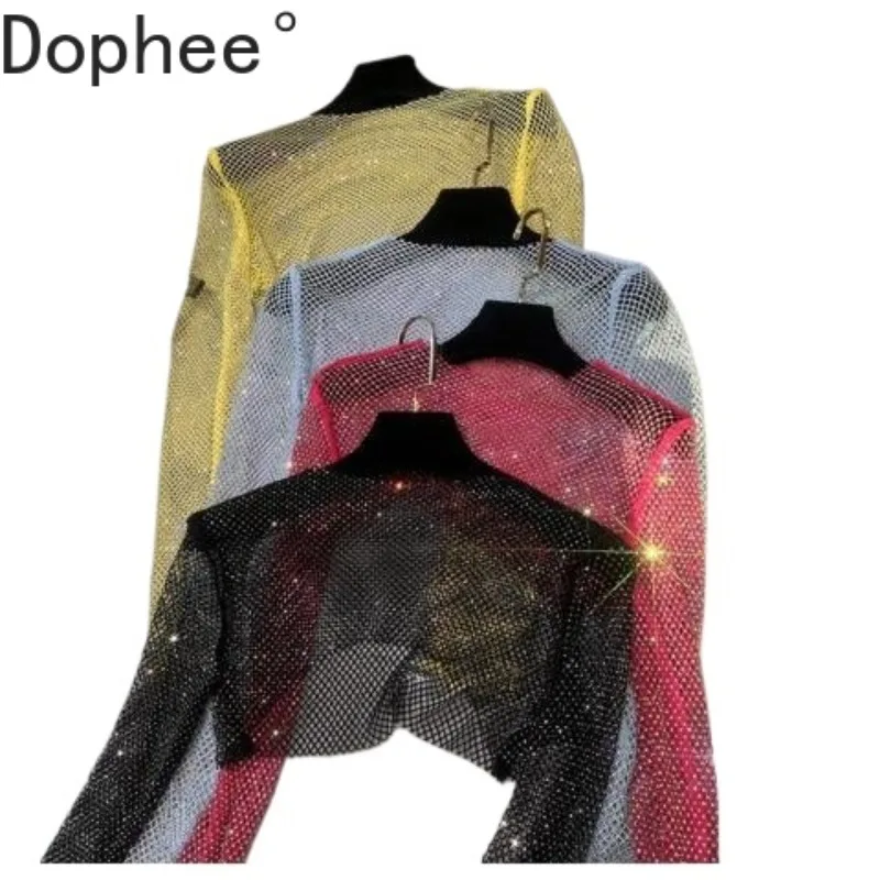 

Blingbling Colored Diamond Sun-proof Crop T-shirt All-match Long Sleeve Pullover Top Hollow Out Shiny Sexy Night Club Fairy Tees