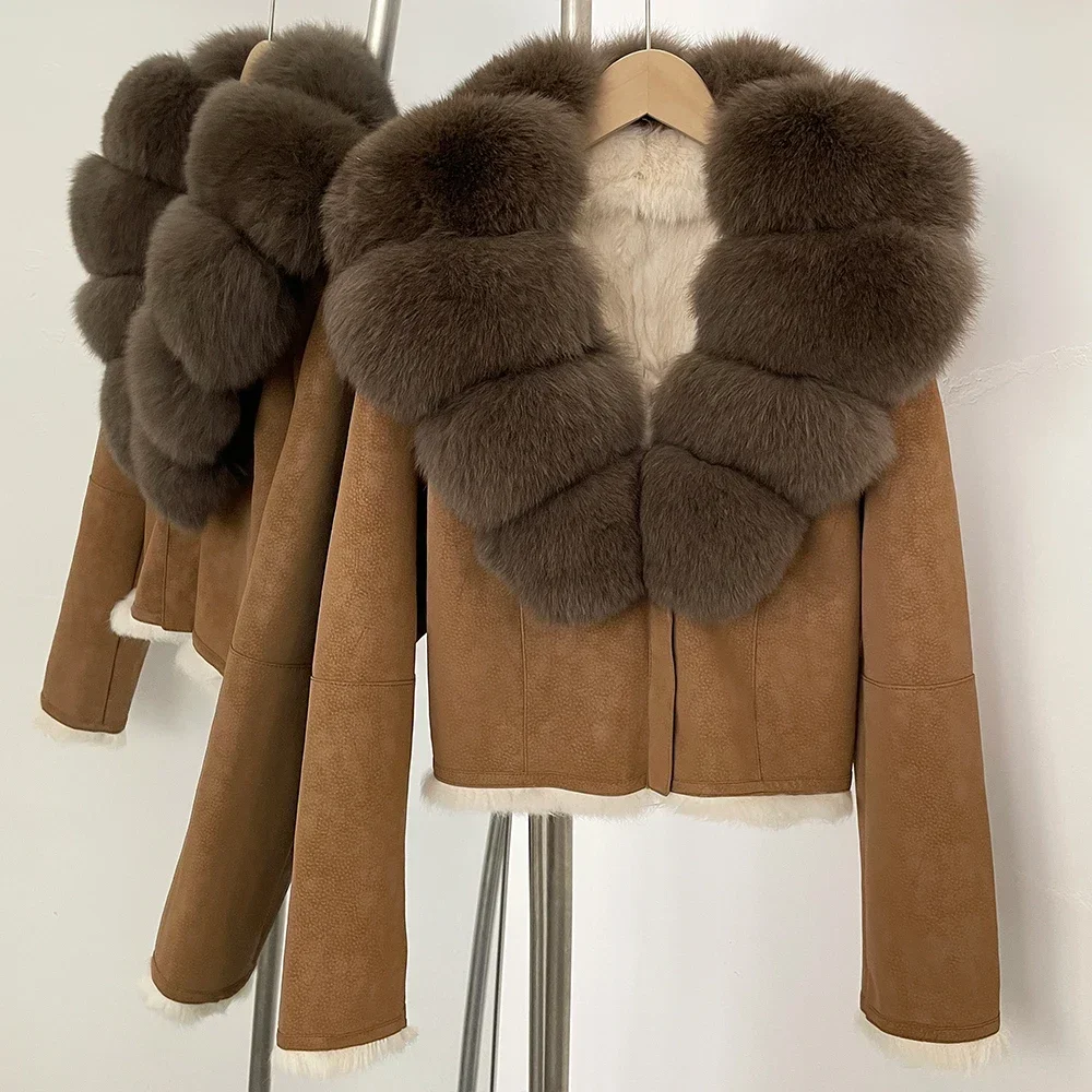 Frauen Natürliche Fuchs Pelz Kragen Mantel 2025, Herbst Winter Neue Pelz Jacke Mode Wildleder Kleidung Echt Kaninchen Pelz Liner Dünne Weibliche