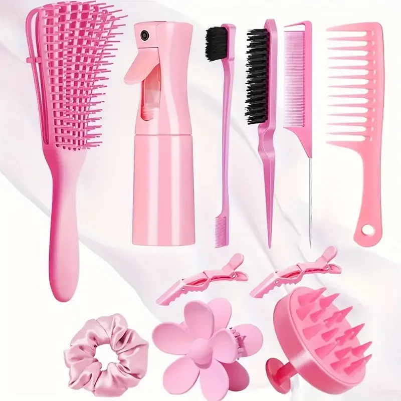 

11pcs Hair Brush Set, Comb Set for Teasing, Edge & Back Brushing, Curly Hair Brush Set with Spray Bottle forDetangling Brush