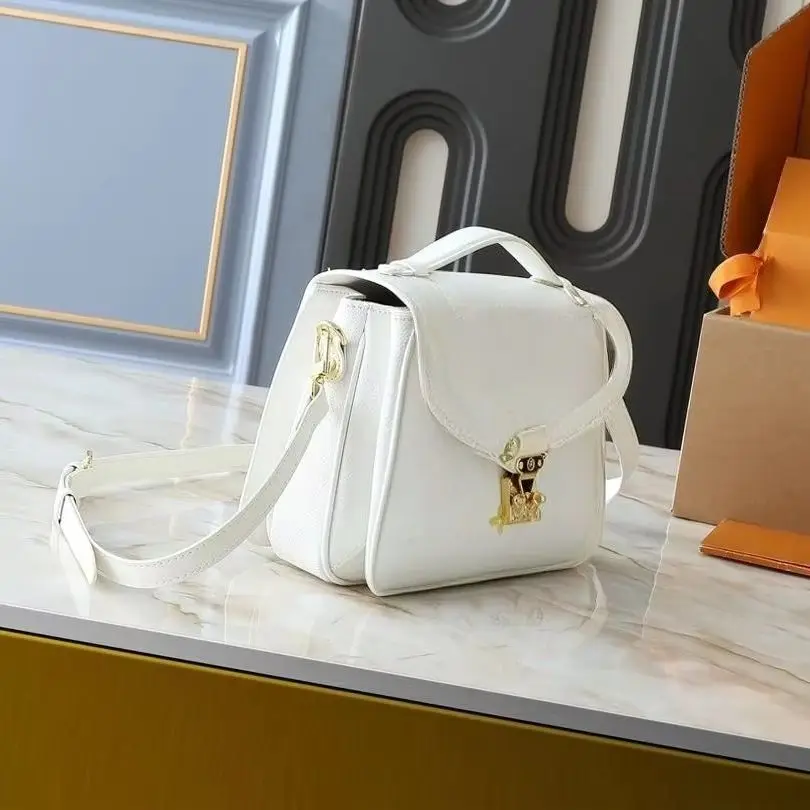 Off White Fine Grain Leather Lock Flap Messenger Bag, Mini Curved Top Handle Adjustable Crossbody Strap Purse, Luxury Designer Inspired Elegant Office Women Handbag