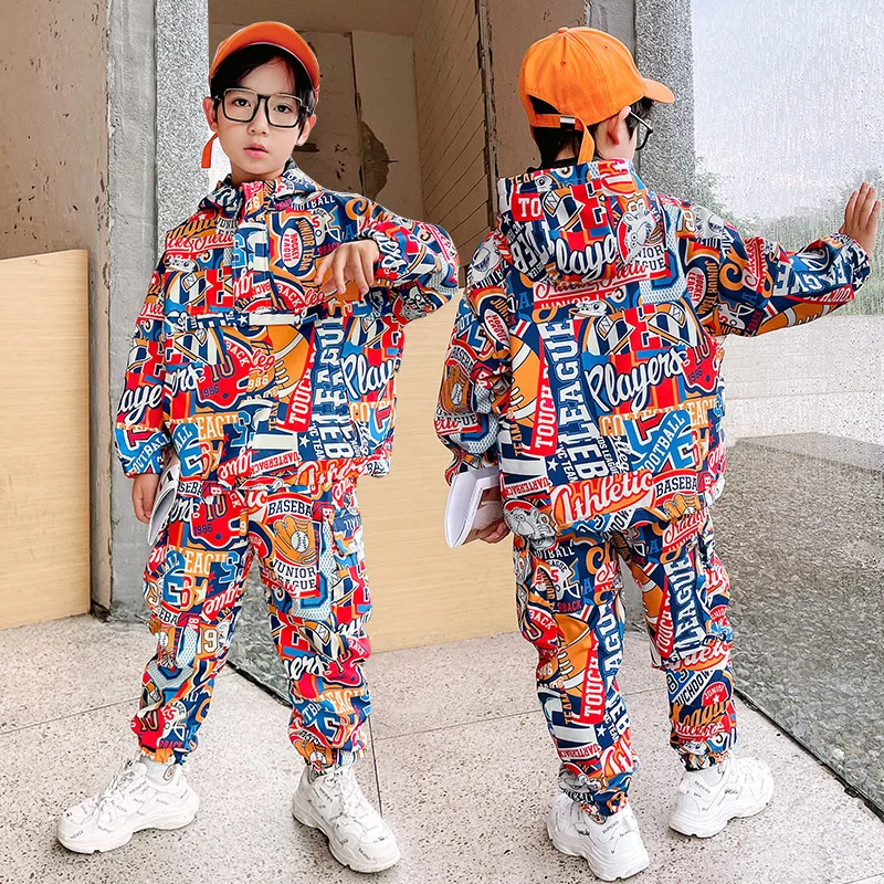 Spring Baby Boys Girls Clothes Sets Children\'s Suit Kids Long-sleeved Hooded Graffiti Printing Sweater + Pants 2PCS Suits 2-12Y