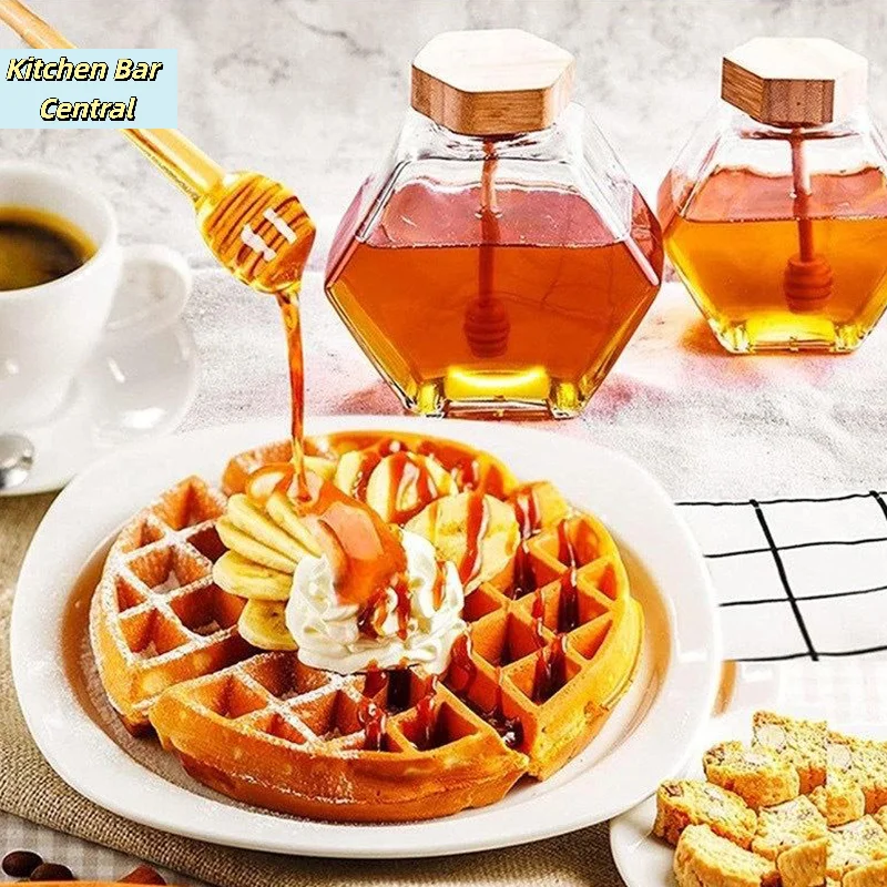 【100/220/380ML Hexagonal Glass Honey Bottle With Wooden Honey Pot Stirring Rod Sealing Clear Jam Jar Kitchen Storage】