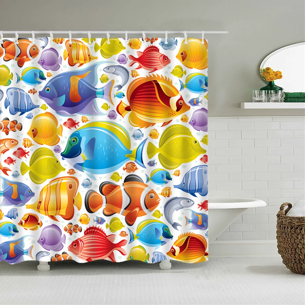 Cartoon Fish Turtle Shower Curtain Underwater World Printed Shower Curtain Waterproof Polyester for Bathroom Decor Bath Curtain