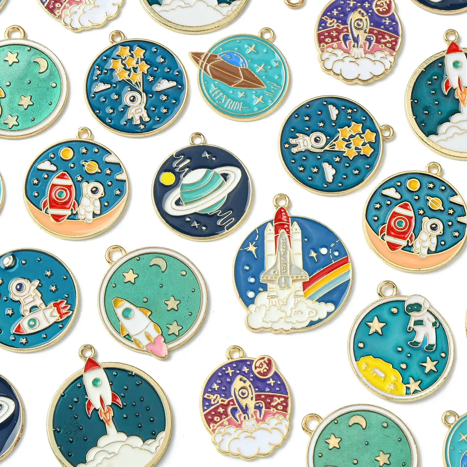 40Pcs 10 Styles Enamel Space Charms Round Explore Universe Pendants Colorful Astronaut Spacemen Charms for Jewelry Making