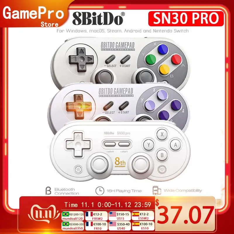 Top 8BitDo SF30 Pro/SN30 Pro Wireless Bluetooth Gamepad Controller with Joystick for Windows Android macOS Nintend Switch Steam