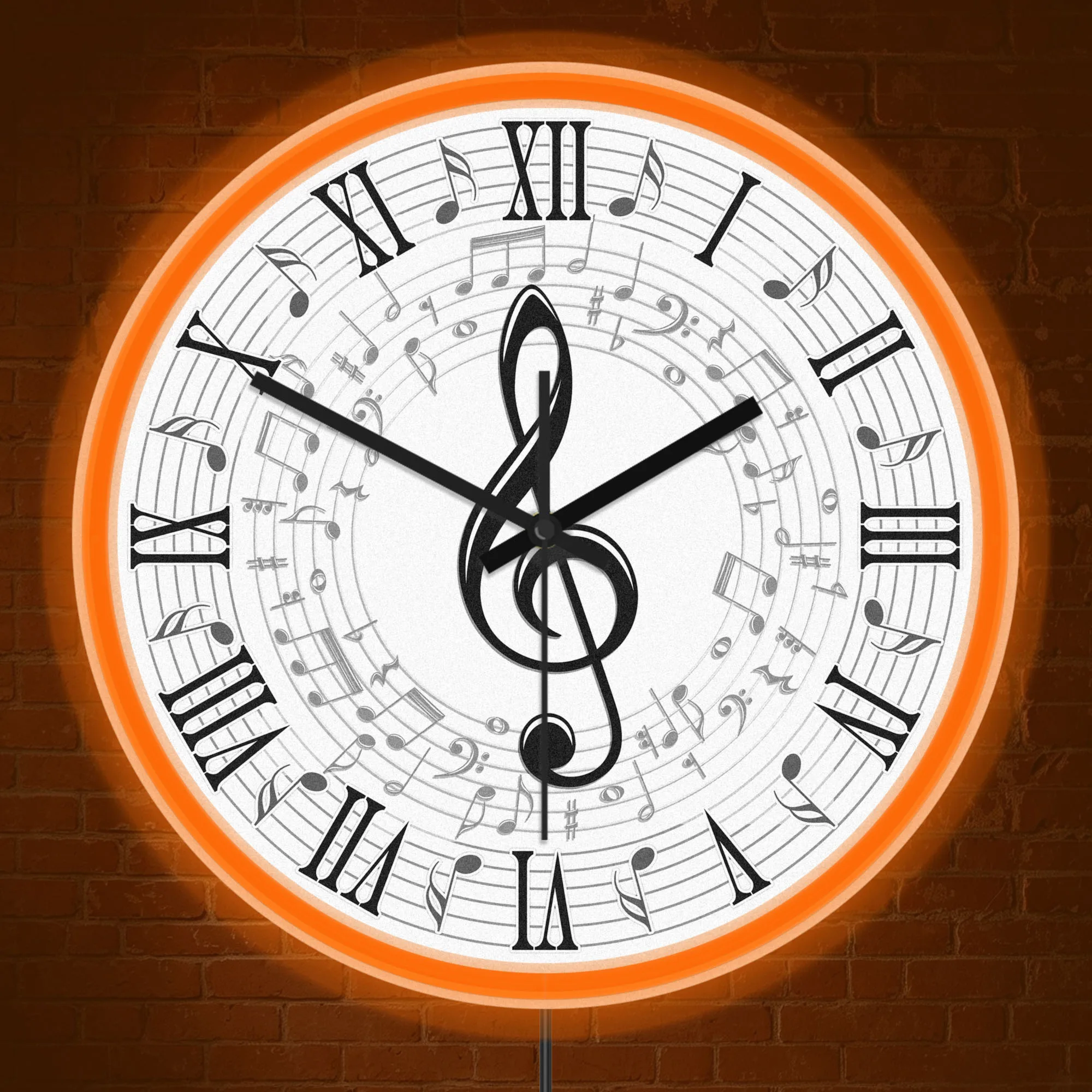 Treble Clef Sheet Music LED Light Up Wall Clock for Music Studio Musical Notes with Vintage Roman Numerals Neon Light Wall Clock