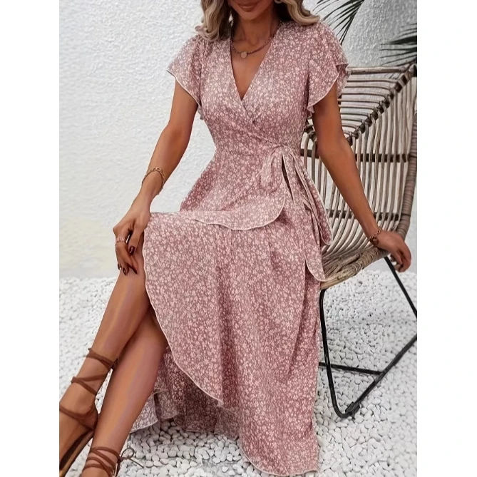 Elegant V-neck Short-sleeved Bohemian Print Wrap Dress Summer Holiday Casual Chic Independent Station Cross-border Fashion
