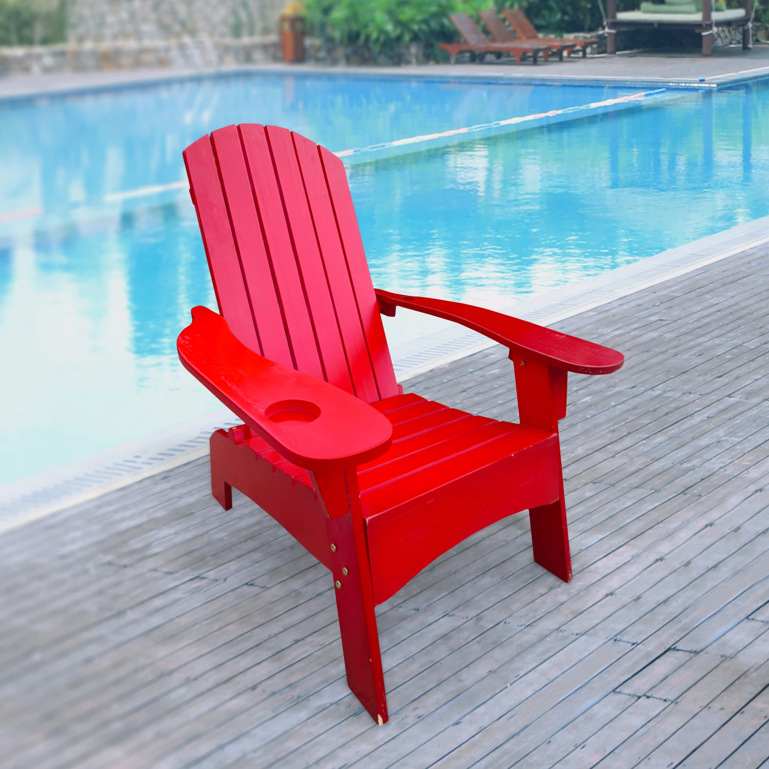 Outdoor or indoor Wood Adirondack chair with an hole to hold umbrella on the arm ,red