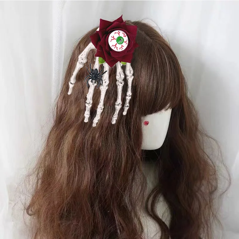 

Halloween Skeleton Hand Hairpin Rose Flower Spider Hair Clips Skull Eyeball Day of The Dead Headwear Cosplay Accessory Party