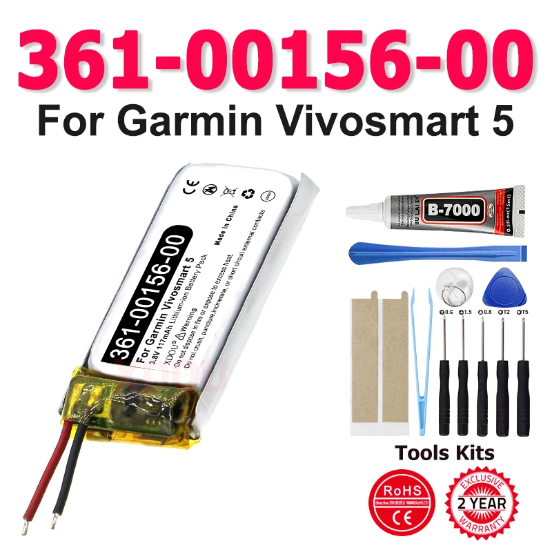 New 361-00156-00 Replacement Battery 117mAh 3.8V Battery For Garmin Vivosmart 5 Watch Band + Free Tools
