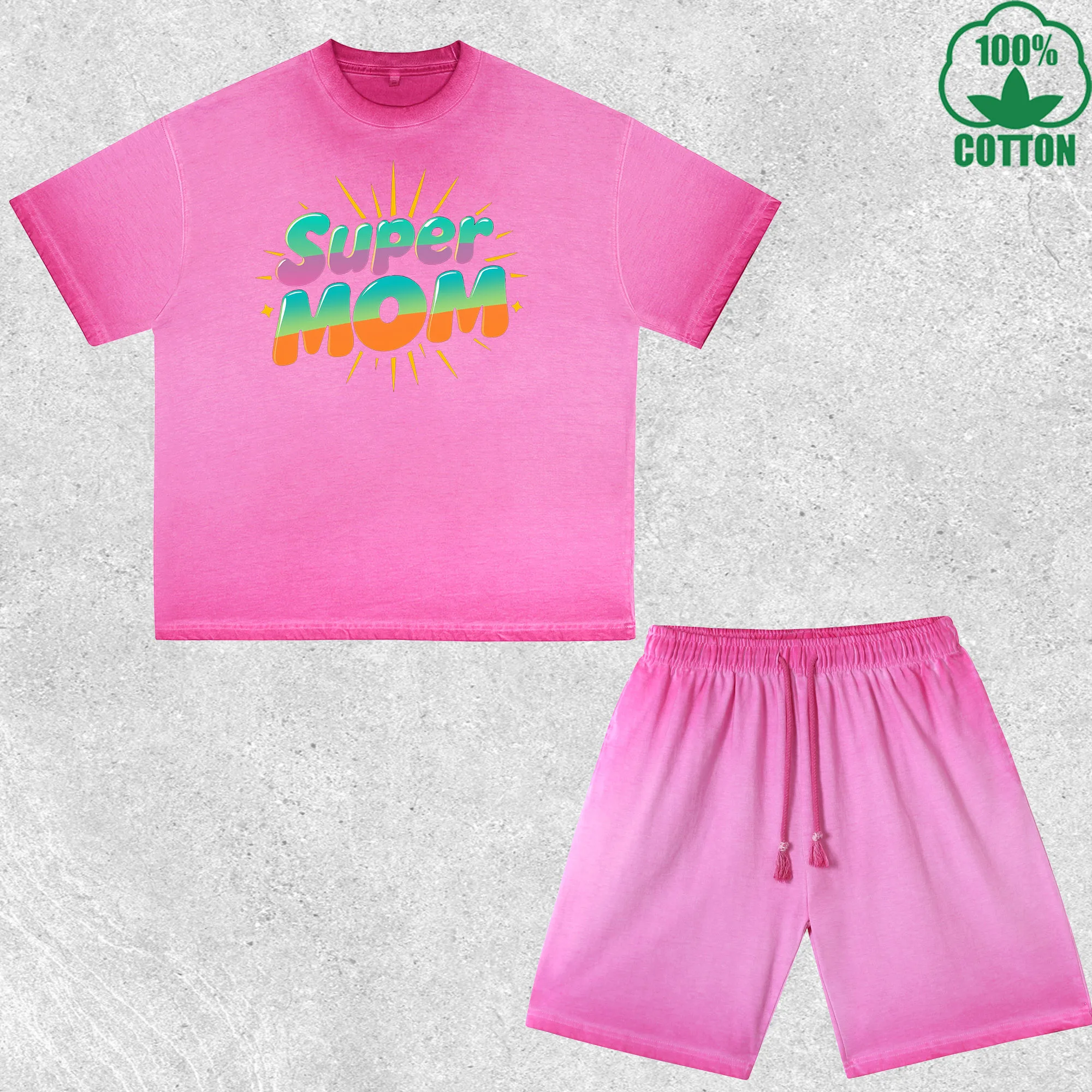 

Super Mom Printed Dirty Wash T-Shirt Shorts Set Multicolor Combo Loose Trendy Fashionable 100%Cotton Short Value Pack