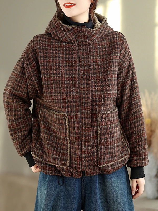 

Зима 2025 г., новый клетчатый дизайн, двусторонняя одежда, на подкладке, Thiened, повседневная, универсальная, антивозрастная, для похудения, с капюшоном, хлопковая...