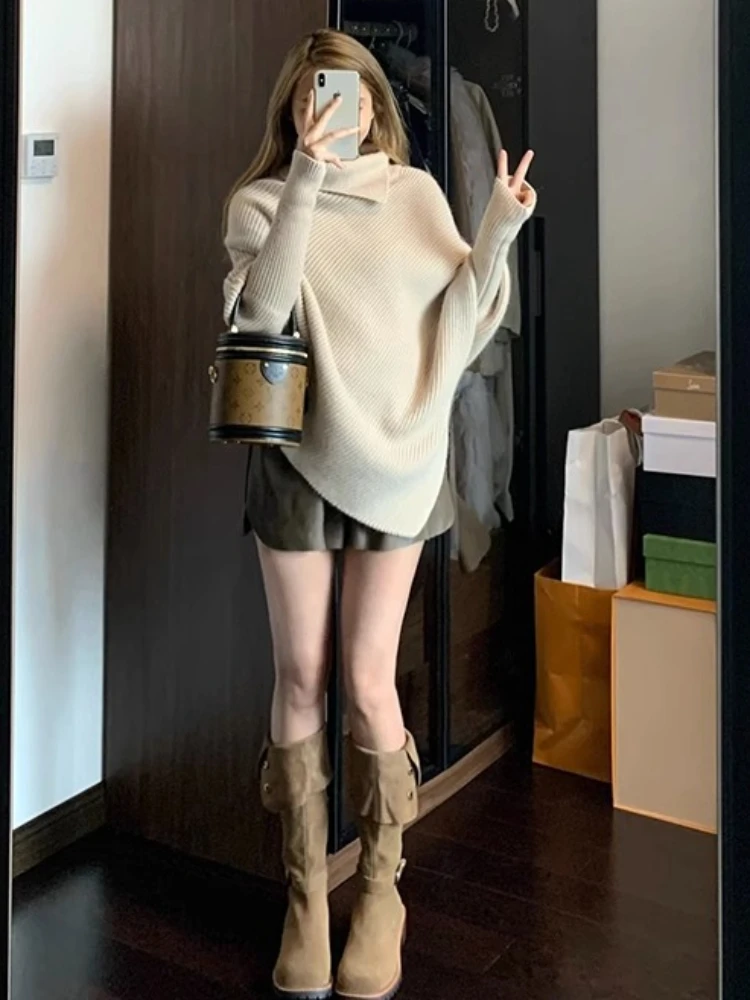 Irregular Sweaters Women Elegant Office Lady Autumn Winter Solid Turtleneck Long Sleeve Classic Stylish Korean Style Temperament