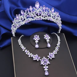 Purple Crystal Bridal Jewelry Sets Women Tiaras Bride Necklace Earrings for Wedding Crown Jewelry Set Prom