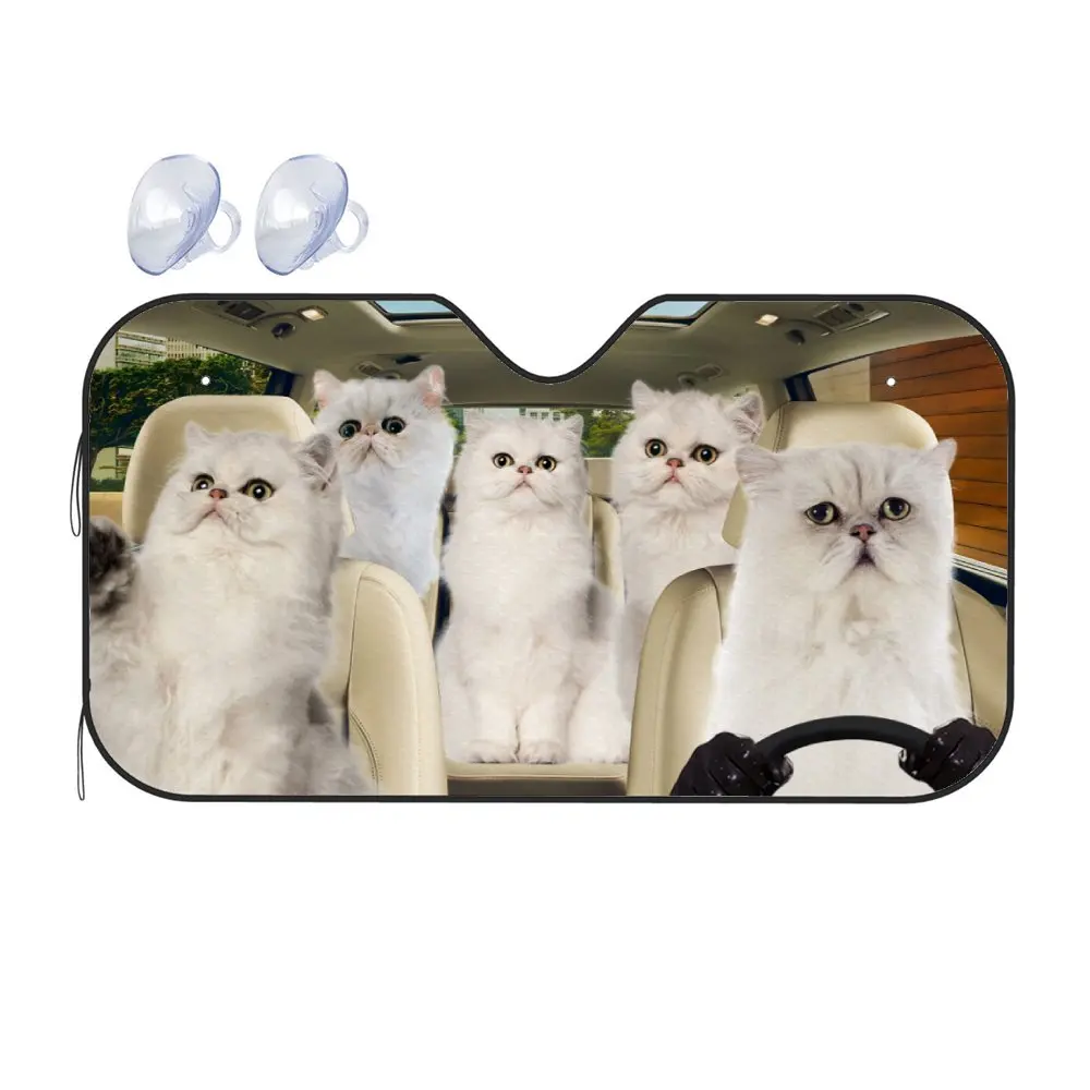 Persian Cat Driving Car Interior Front Windshield Sun Shade, Cute Siberian Cat Sunshade for Truck SUV- Blocks Uv Rays Protector