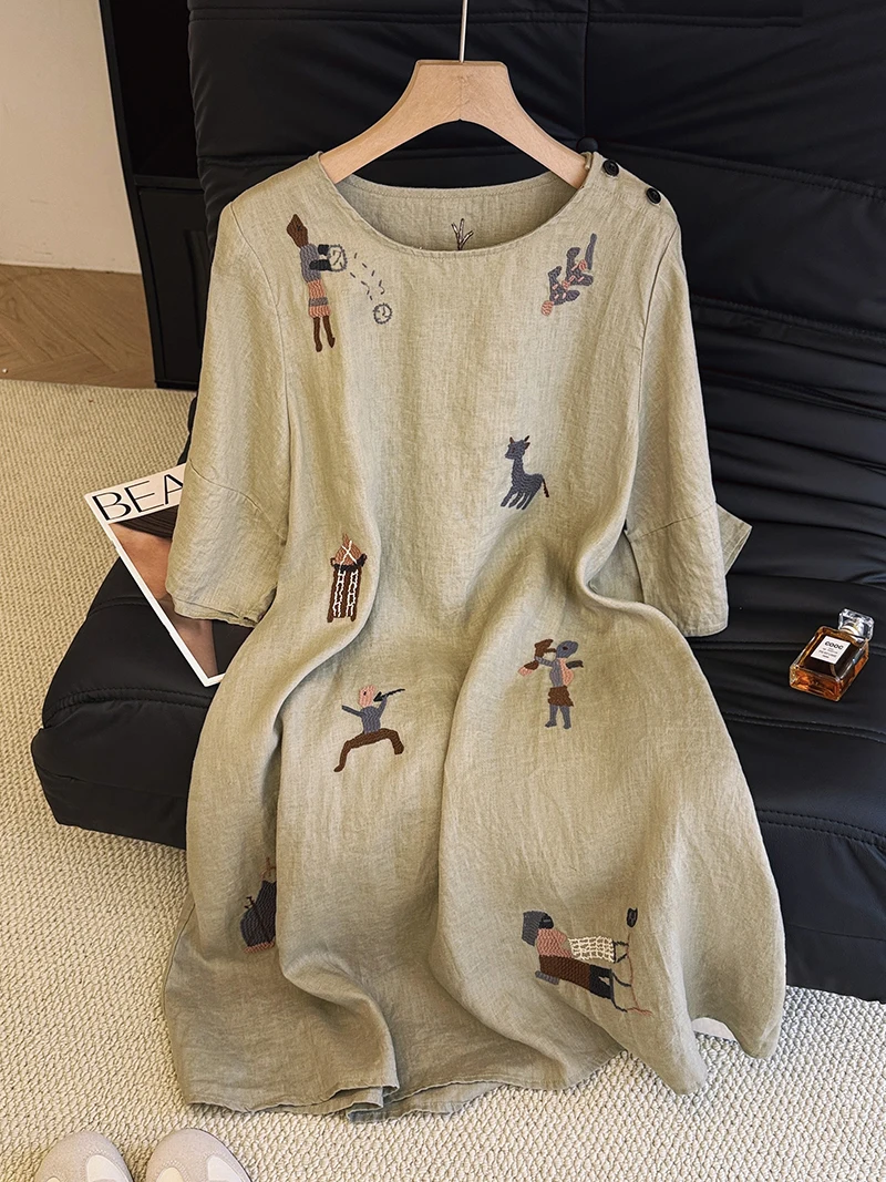 Ele lin brodé Dr femmes été Simple ample Unique belle longueur Midi T-shirt Dr a-ligne jupe ronde Ne