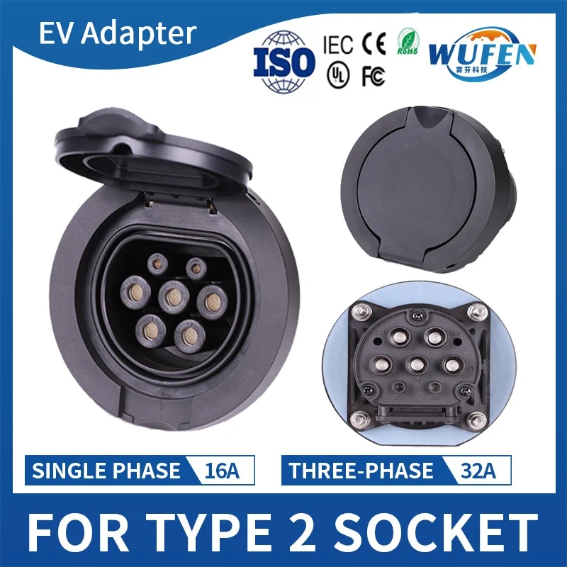 WUFEN Type 2 Vrouwelijke Socket Connector Outlet CE IEC 62196-2 32A 3P 22KW 4-punts Vast AC EV Opladen Geschikt voor oplaadkabel