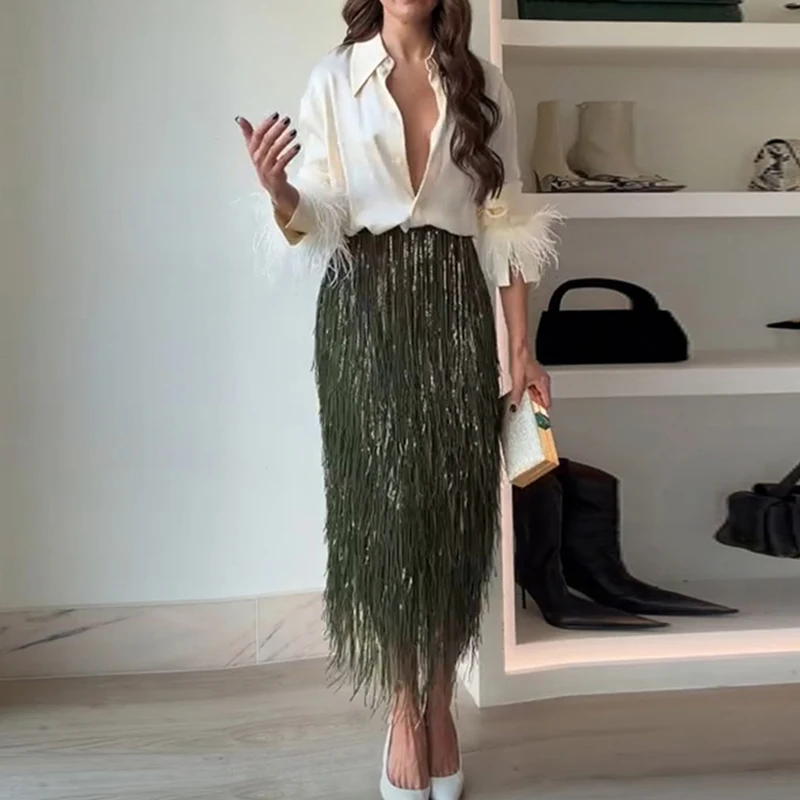 Vrouwen Casual Lange Mouw Feestrok Outfits Elegante Lovertjes Lange Rok 2Pc Pak Mode Revers Knop Shirt & Omzoomde Rok Set