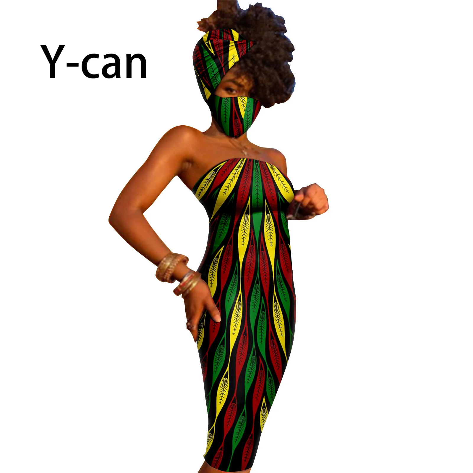 

African Strapless Dresses for Women Sexy Ladies Bazin Riche Ankara Print Slim Fit Party Skirt Match Mask and HeadWrap Y2225059