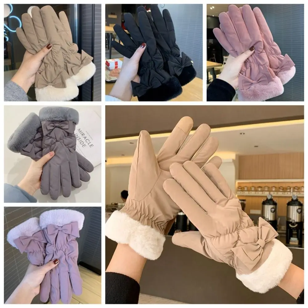 

Elastic Keep Warm Bow Women Gloves Windproof Waterproof Winter Warm Gloves Korean Style Full Finger Cycling Mittens Female/Girls