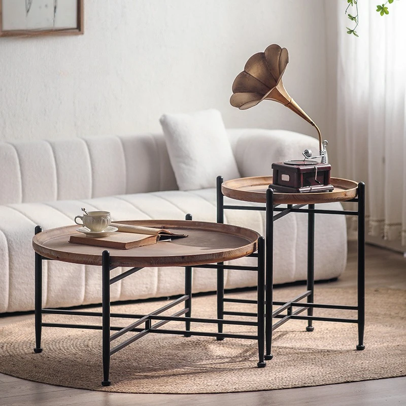

Nordic small apartment living room combination coffee table solid wood wrought iron edge few homestay decoration round table cof
