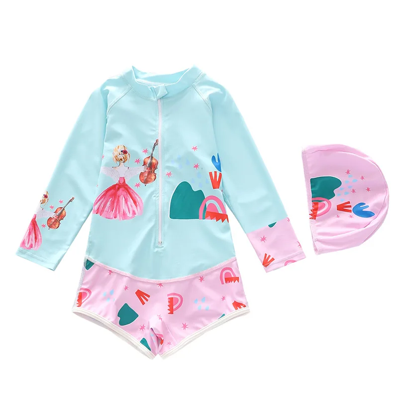 HappyFlute New 2PCS Long Sleeve With Swim Cap Princess Style Small And Large Children Breathable&Soft Girls Vacation Swimsuit