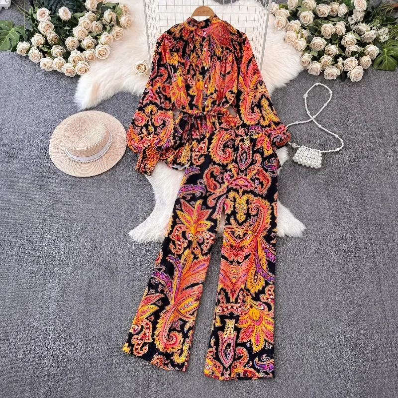 Fashionn Long Sleeve Loose Print Shirts Women+ High Waist Straight Wide Leg Pants  Summer New Two Piece Sets