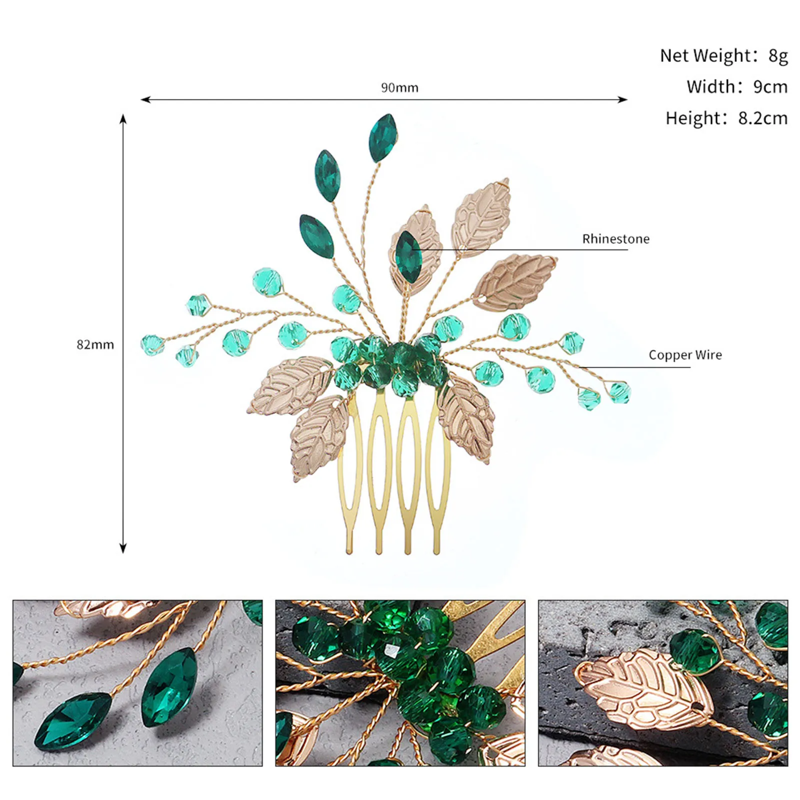 Bride Hairpins Tiaras Rhinestone Green Hair Combs For Women Fashion Beaded Golden Leaf Side Pins Bride Wedding Heapdiece Jewelry