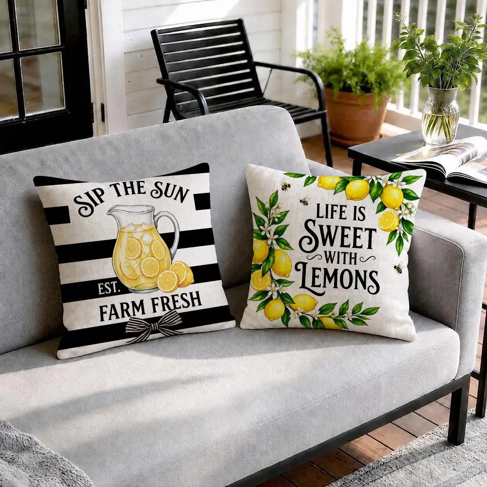 Vintage Bike Lemon Cushion Cover Natural Linen Organic Fabric Double-Sided Printing Sofa Home Decor Gift Pillow Cover
