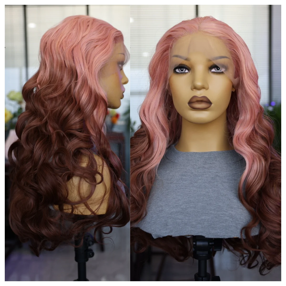 Lace Front Synthetic Wig Pink Gradient Brown Long Wavy Wig High-Quality Breathable Mesh Cap 180 Density Cosplay Women's Wig