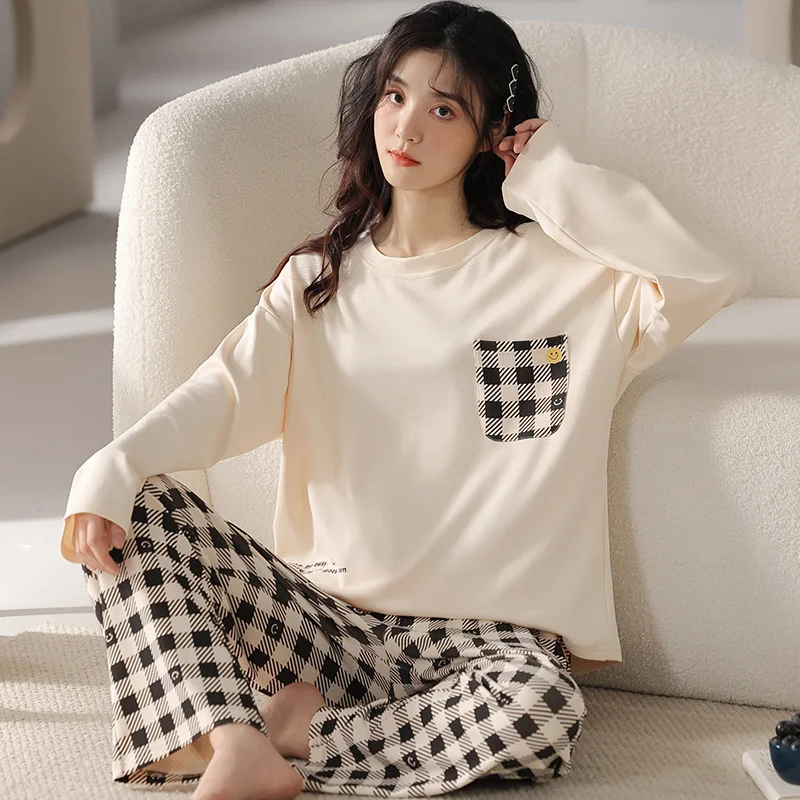 Lovely Print Autumn Winter New Faux Cotton Women Pajamas Set Long Sleeves Simple Sweet Printing Casual Loose Home Wear