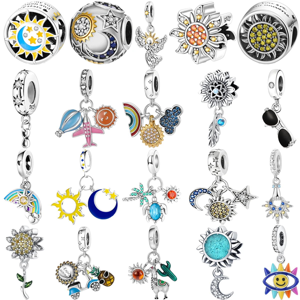 Original 925 Sterling Silver Sun Eyes Rainbow Sunflower Moon Star Charm Beads for Pandora DIY Bracelet Ladies Jewelry Gifts