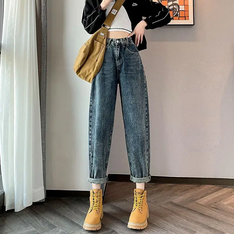 Retro Blue Haren Jeans Women's New High Waist Loose Pear Shaped Body Carrot Dad Pants