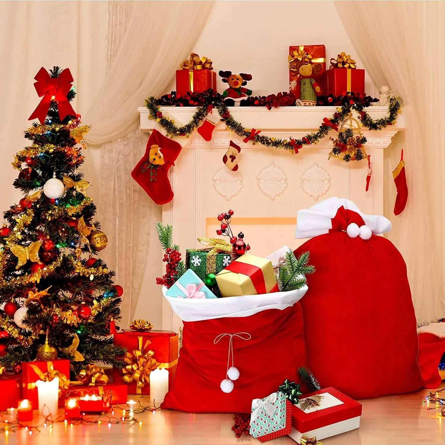 Christmas Large Santa Claus Bags with Drawstring Cord Velvet Santa\'s Present Sack Bags 70x50cm for Xmas Kid Gift Toys Decoration