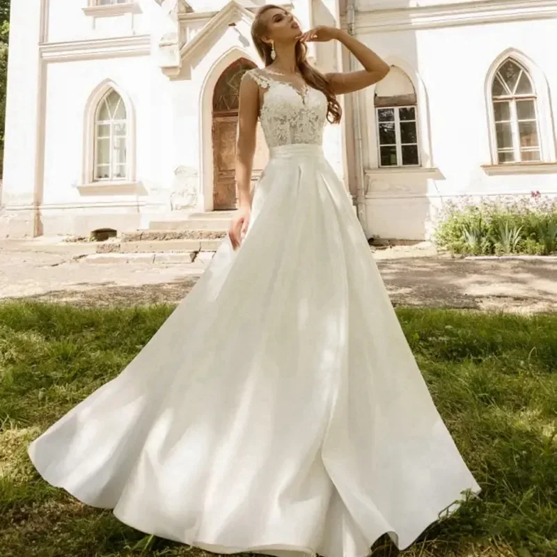 A-line applique Country Wedding Dress Illusion Tulle lace covered buttons Beaded Beach Outdoor Bridal dress Custom dress