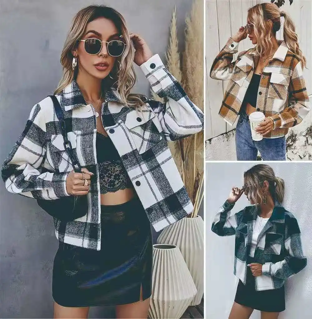 

Autumn Vintage Plaid Jacket Women Pockets Loose Oversized Jackets Coat Female Lapel Collar Long Sleeve Outerwear Tops