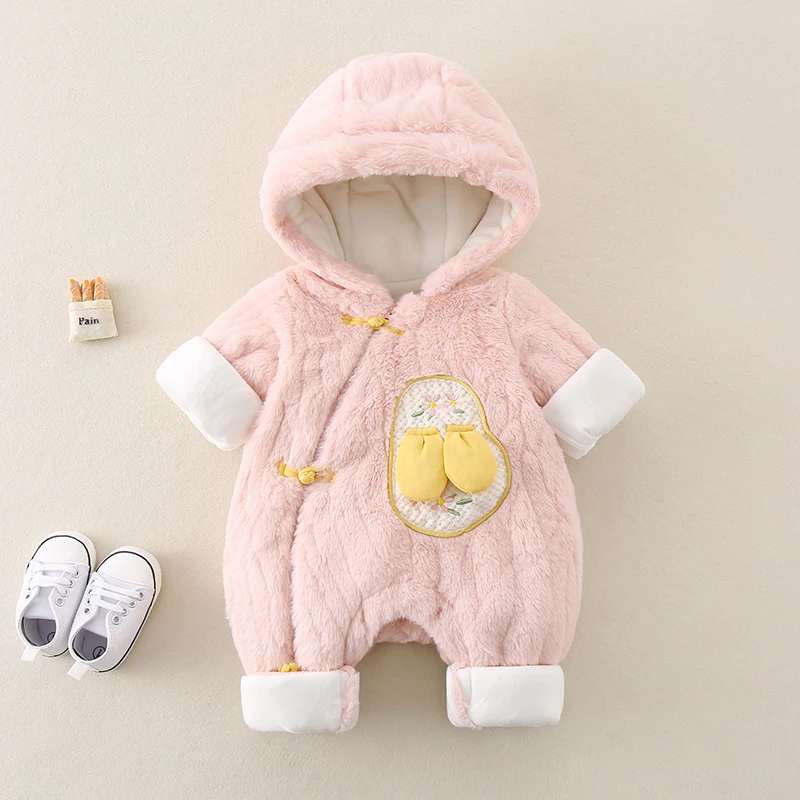 

Thiened Winter Clothes for Newborn Babies Cartoon Plu Lined Hooded Jumpsuit Fce Lined Cler Outfit Long Sve Zipper