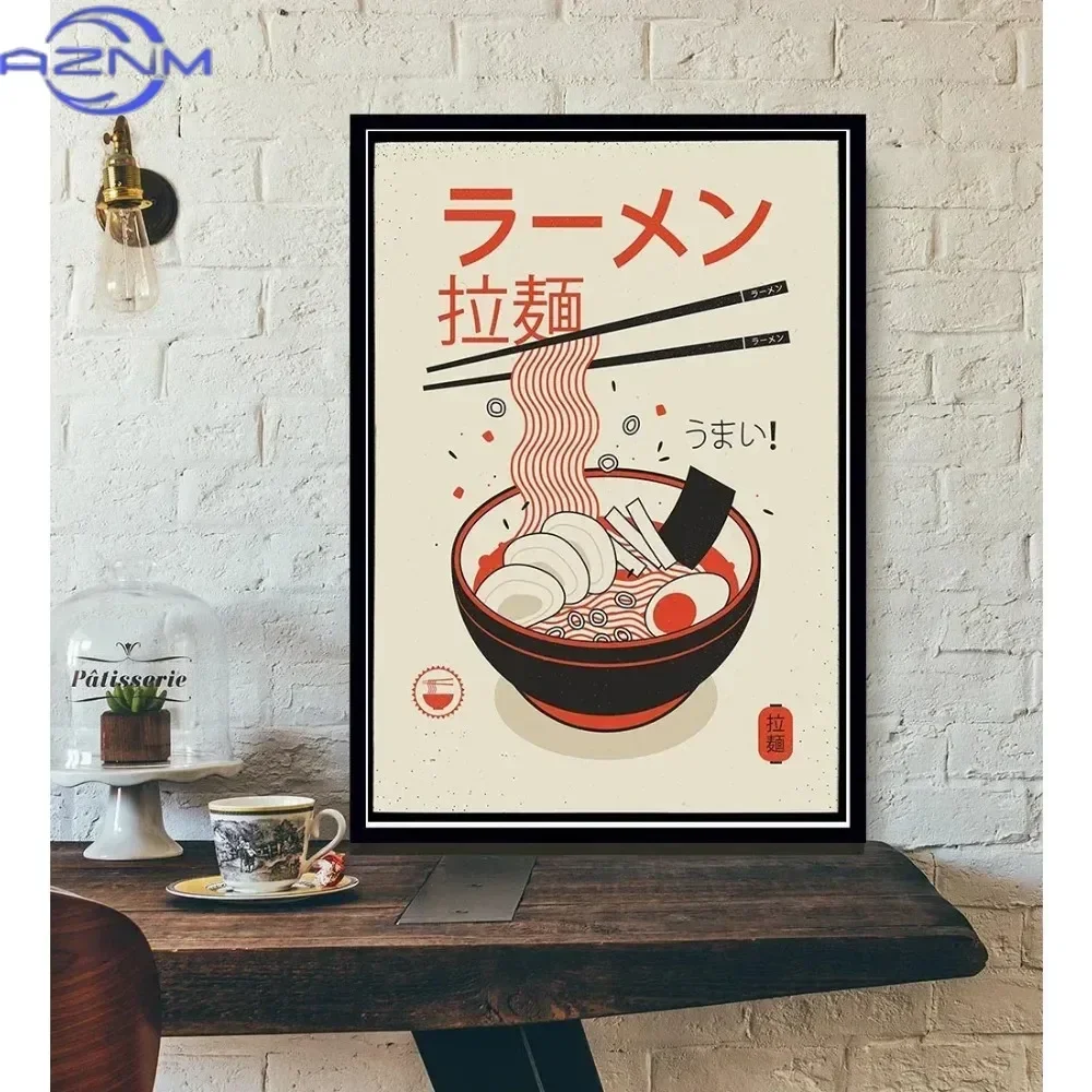 1pc Frameless Retro Illustrator Japanese Ramen Art Poster Animal Ramen Sushi Painting Wall Art Decor Kawaii Room Decor Canvas - view 3