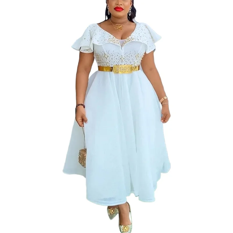 

African Dress Elegant Luxury V Neck Ruffles Sleeve Diamond Belt Waisted A Line Pleated Mid Calf Birthday Party Dinner Vestidos