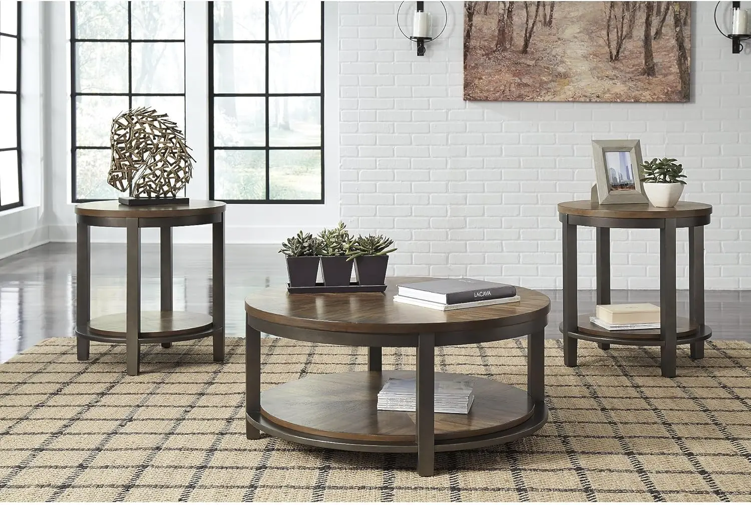 Signature Design by Ashley Roybeck Rustic Round 3-Piece Table Set, Includes 1 Coffee Table and 2 End Tables with Fixed Shelf,