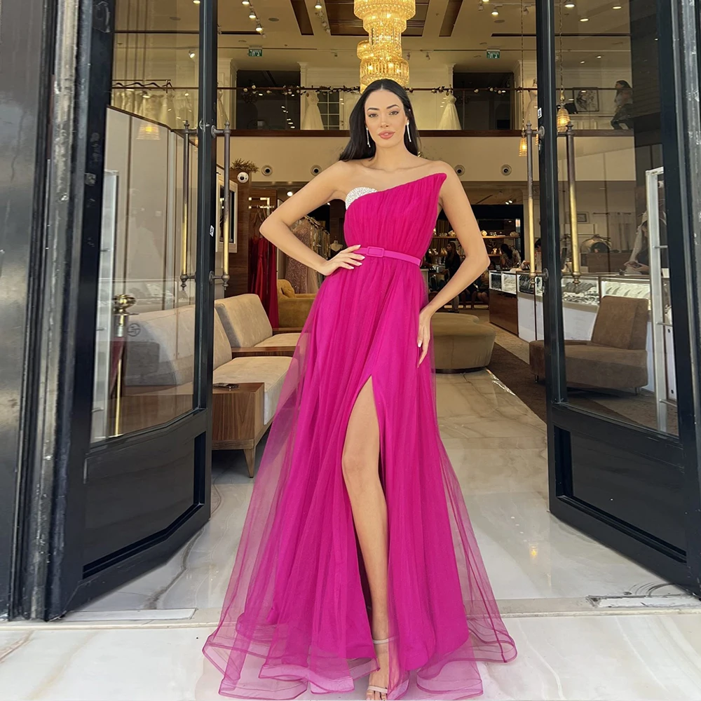 

Fuchsia Tulle Long Evening Dress For Weddings Sleeveless With Sashes Floor Length Side Slit Prom Party Gown Celebrity Pageant