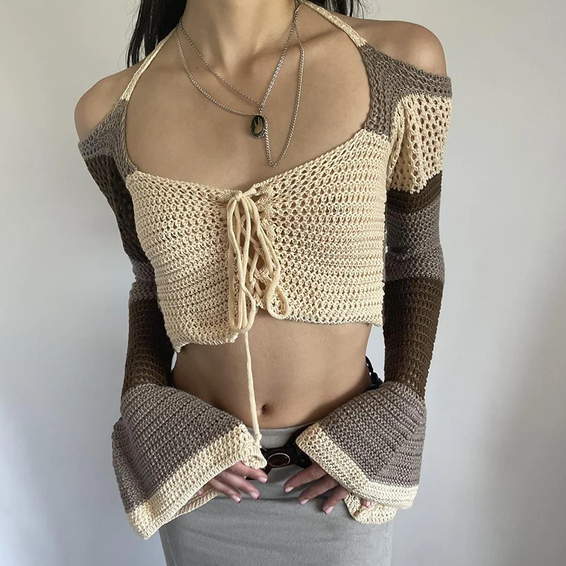 Knit Crop Top Long Flared Sleeves Patchwork Contrast Crochet Smock Vest Off Shoulder Backless Tie Up T-shirt Y2K 00s Retro Women