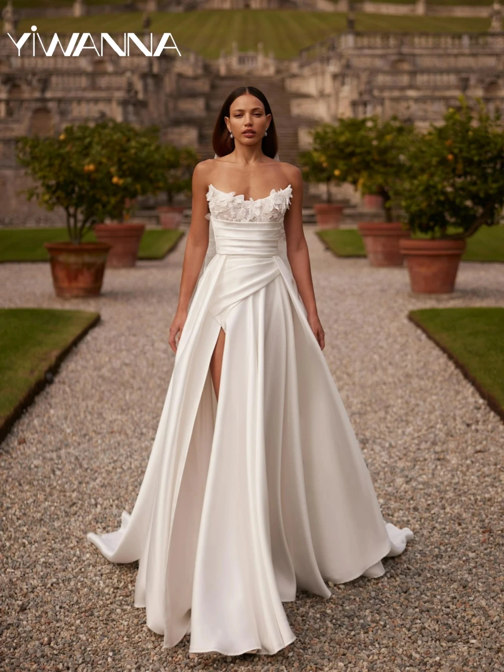 

Sparkly Beaded 3D Flower Wedding Dress Graceful Strapless A-line Satin Bridal Gown Customized Sexy High Slit Dresses For Bride