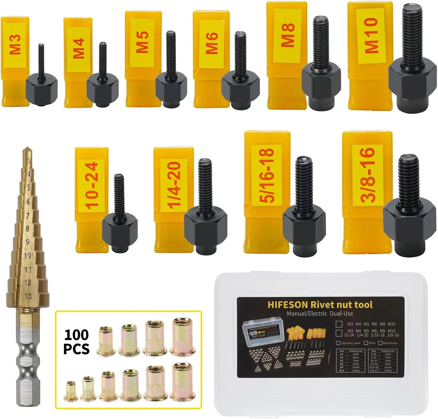 

Professional Rivet Nut Tool Kit with 100 Nuts & Step Drill Bit - Metric & SAE Sizes Included