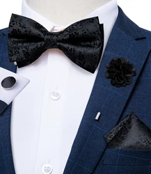 4Pcs Black Solid Floral Men's Pre-tied Bow Tie Set Handkerchief Cufflinks Wedding Prom Bowknot Groom Accessories Gift for Men