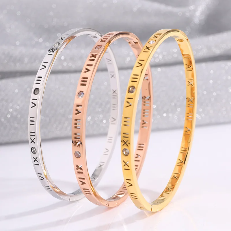 

Stainless Steel Roman Numeral Bangle for Women Gold/Rose Gold/Silver Cuff Bracelet with Cubic Zirconia, Fashion Jewelry Gift