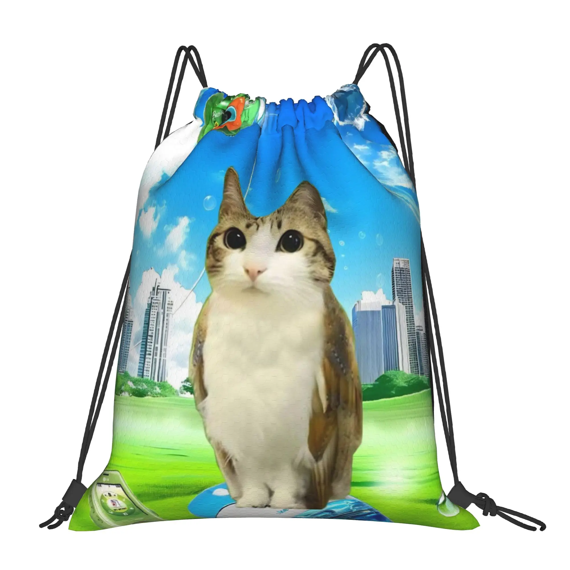 Meowl Cat Owl Meme Drawstring Backpack Sports Gym Sackpack Water Resistant  String Bags for Yoga