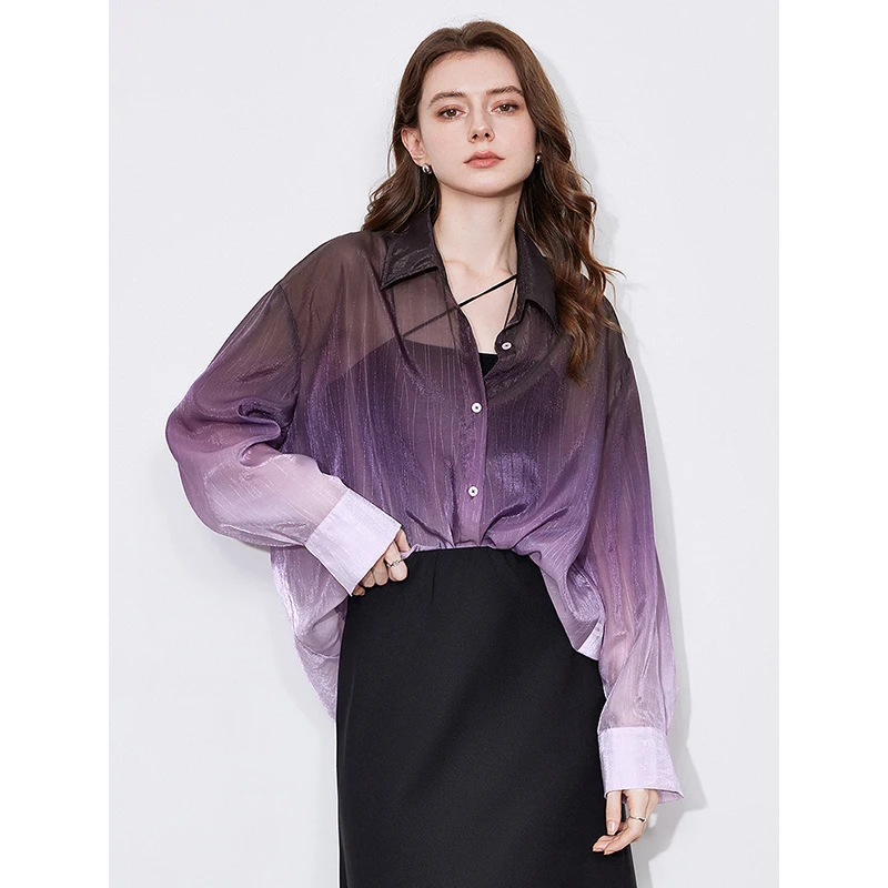 TOYOUTH Women Blouse Shirt 2025 Spring New Gradient Turn Down Collar Long Sleeve Shirt Tops Romantic Purple