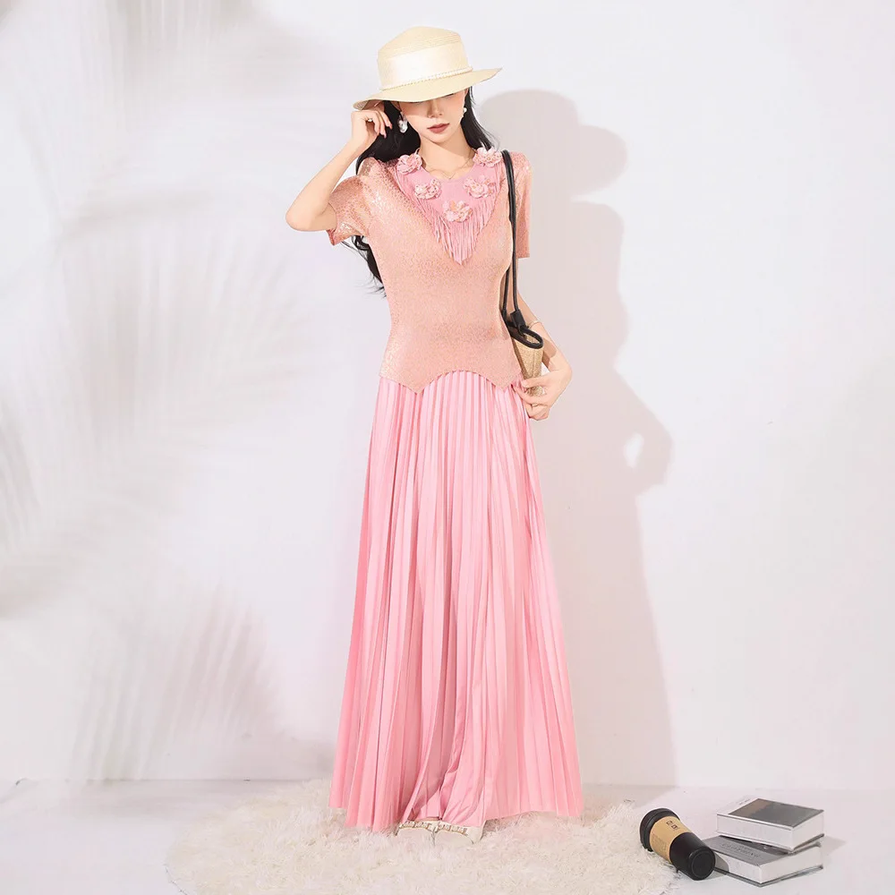 Miyake Fashion Temperament Suit Women's 2025 Summer Short-sleeved Bronzing Pullover Top High Waist Long Skirt Two-piece Set